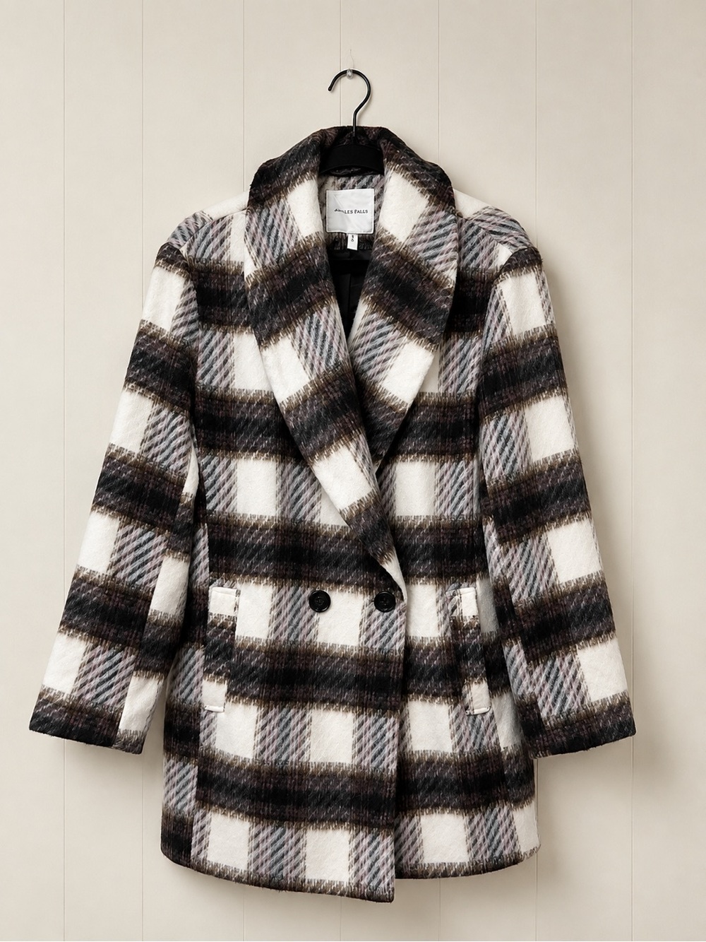Avec Les Filles Women’s M Plaid Wool Blend Double Breasted Coat Black White